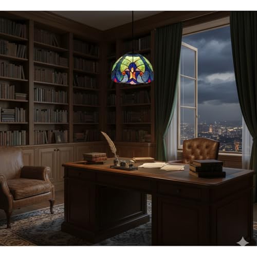 Image of Stained Glass Hanging Pendant Lamp, Blue Green Mosaic Glass Shade with Black Cord, Decorative Ceiling Light for Home & Cafe (Free Bulb) (Design - 8)