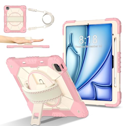 Protection iPad Air 13" 2024 antichoc silicone bandoulière support rotatif 360 rose