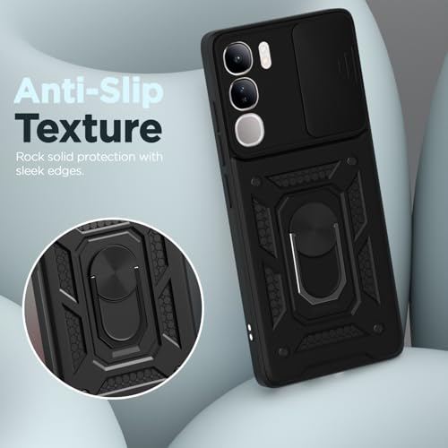 Image of Outlouders Back Cover for Vivo Y300 5G / Vivo V40 Lite 5G | D10 Tough Armor 360 Protection Case with Sliding Camera Shield & Ring Holder Stand Bumper Case (Black)