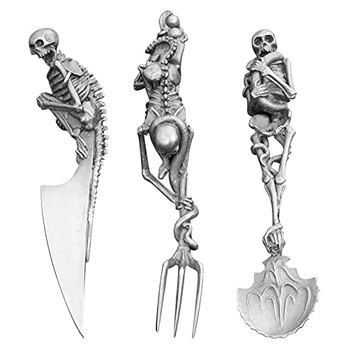 3Pcs Cup Dinnerware Set Includes Fork Knife Spoon Skeletal Tableware, Made Of Durable Metal, Kitchen Utensils Skull Cutlery Halloween Decoration Gift For Kids (Silver, 3Pc) #TOP3