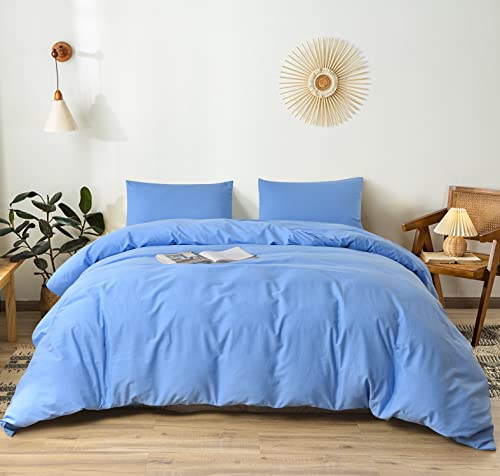 Colourful Snail 100-Percent Natural Washed Cotton Duvet Cover Set, Ultra Soft and Easy Care, Zipper Closure, Corner Ties, Simple Bedding Style, Queen/Full, Blue (Comforter Not Included)