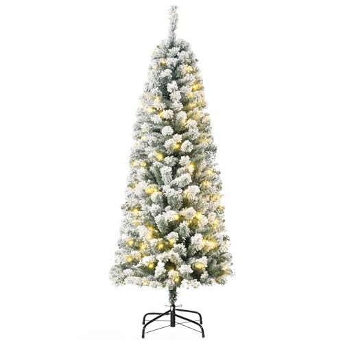 HOMCOM 5FT Prelit Artificial Snow Flocked Christmas Tree with Warm White LED Light, Holiday Home Xmas Decoration, Green White
