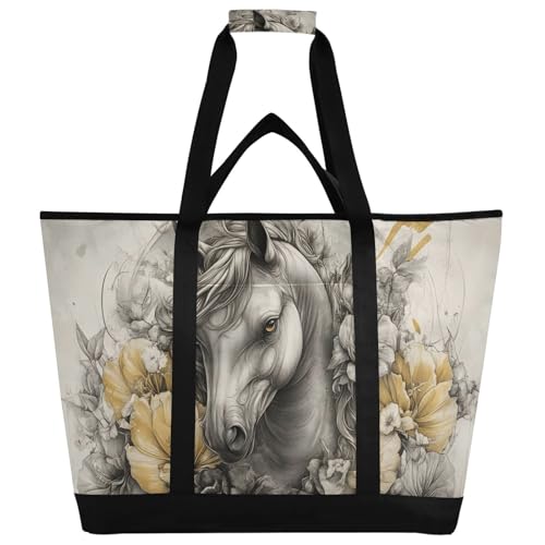 Large Insulated Reusable Tote Bag Horse Floral for Grocery Shopping for Women Men, Cooler Bag with Zippered Top & Handles for Travel Beach Picnic