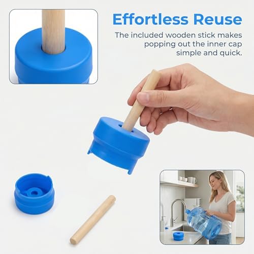 UPEOXT 4 Pack Reusable Water Jug Caps, 5 Gallon Bottle Replacement Lids, Anti Spill Snap On Top with Wooden Stick, Dispenser Cover for 3 Gal Cruche D'eau, Bouteille Accessories - 3