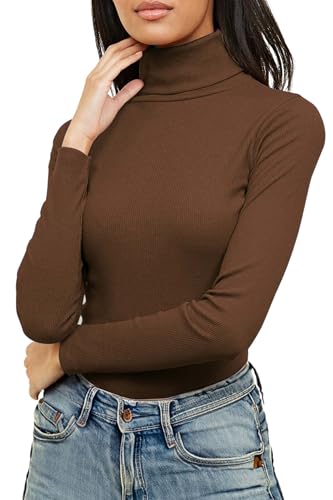 Jersey Acanalado para Mujer - Cuello de Cisne y Manga Larga - Algodón - Marrón Chocolate Oscuro - L/XL - UK 16-18/EU 44-46 (Talla Grande)