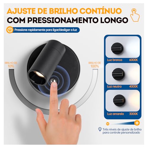 Luminária para quarto sem fio recarregável LED Leitura arandela de parede abajur de cabeceira (Preto