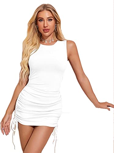 Image of LONDON BELLY Women's Solid Pattern Polyester Blend Bodycon Mini Dress with Drawstring Fitted Closure Type Round Neck and Sleeveless Thigh Length | One Piece Dresses for Women