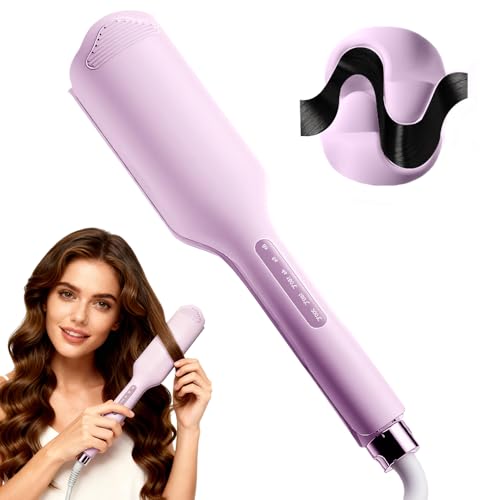 32mm Hair Waver Crimpers, Hair Curler, Curling Wand for Women with 3 Adjustable Temp (160°C-200°C), Anti-Scald, Built-in Timer, French Wave Curling Iron for Short Medium Long(Purple)