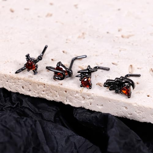 12Pcs 20G Stainless Steel Black Gothic Nose Rings Studs - Halloween Spider Bat Skull L Shaped Piercing Jewelry2