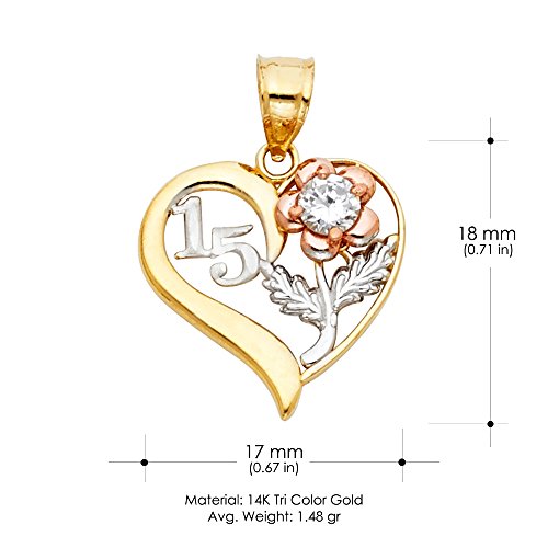 Ioka - 14K Tri Color Gold Sweet 15 Years Quinceanera Heart Charm Tiny Pendant For Necklace or Chain3