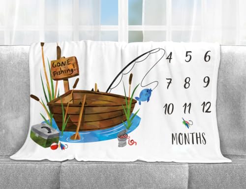 Image of Yuzioey Gone Fishing Baby Milestone Blanket with Birth Stat Sign (50 inchx40 inch) | Gone Fishing Growth Chart Monthly Blanket, Watch Me Grow Boat Baby Nursery for New Moms Shower
