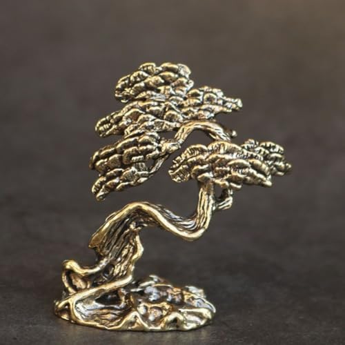 FLUSTDER Brass Welcoming Pine Tree Tea Pet Ornaments Creative Copper Handmade Green Pine Hand Playing Crafts Wealthy Mini Desk Decors