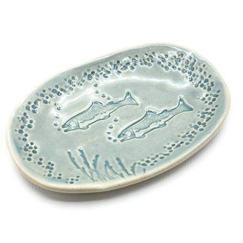 B JANECKA Two Fish Oval Soap Dish or Ring Tray, Pottery 9th Anniversary Gift, Handmade in USA