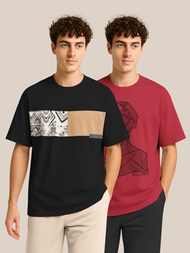 Image of BULLMER Trendy Half Sleeve Oversized Cotton Blend Crew Neck Tshirt for Men - Pack of 2