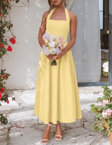 Image of ZESICA Women's Summer Sleeveless Halter Midi Dress 2026 Off Shoulder High Waist Flowy Formal Wedding Guest Long Dresses