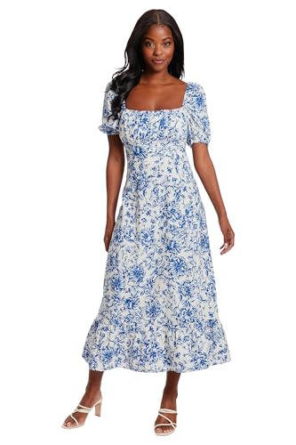 Image of London Times Womens Square Neck Smocked Back Linen Blend Flattering Versatile Spring Summer Garden Party