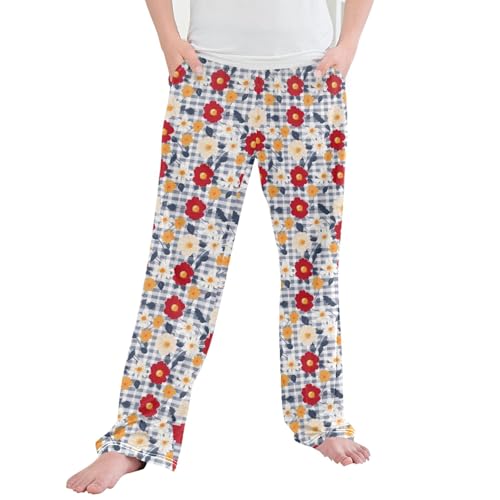 Flowers Buffalo Plaid Long Pajama Pants Elastic Waist PJ Bottoms with Pockets S A113020