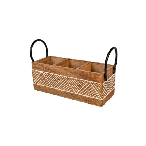Image of Craft Expertise inchHandcrafted Wooden Cutlery Utensils Spoon Holder - 3 Compartment Large Organizer With Iron Handles - Rustic Brown, 11 X 4 X 4 Inches (Classic)