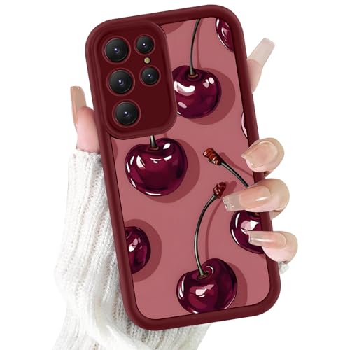 Kivlclri Handyhülle für Samsung Galaxy S24 Ultra 5G Hülle 6 8 Aesthetic Rot Kirsche Muster Motiv Design für Mädchen Schutzhülle Kameraschutz Stoßfest Weiche Bunt Rot Silikon TPU Bumper Case