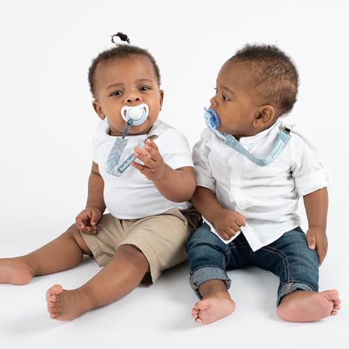 Image of BooginHead by Infantino PaciGrip 2-Pack Pacifier Clips - Universal Fit, Gentle on Clothes, Keeps Pacifiers Clean & Close, Ages 0-36 Months, Blue Arrows