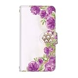 スマ通 BASIO4 (KYV47) 対応 ケース 手帳 スマホ カバー ミラー＆カード収納 (花デコ) 花 水彩 手描き ボタニカル デコ付き スタンド式 ストラップ穴 ベイシオ4用 (D.パープル) vc-029