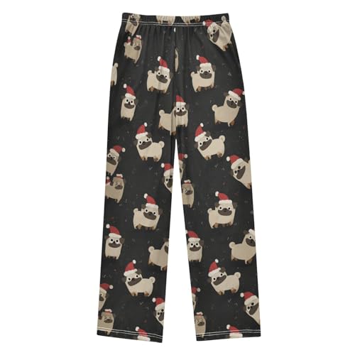 Cartoon Pugs Santa Hats Pajama Pants Soft Lounge Sleepwear PJ Bottoms with Elastic Waist Ages 6–14 Years2