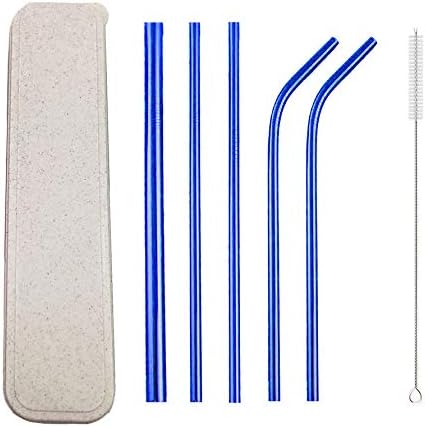 JASHII 5 piezas portátil de acero inoxidable 304 recto doblado paja de metal para beber paja azul con caja y cepillo de limpieza para viajar,