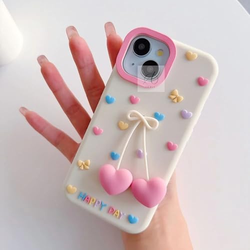 Image of MIDOS Cute 3D Cherry Heart Charm Phone Case for iPhone 13 Soft Silicone Protective Cover with Pastel Hearts and Bow Design Girls Case for iPhone 13