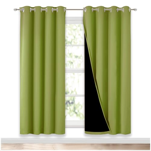 Image of NICETOWN 100% Blackout Window Curtain Panels, Fresh Green, 2 Pieces, 52-inch Wide Per Panel, Full Light Blocking Drapes with Black Liner for Nursery, 72-inch Drop Thermal Insulated Draperies