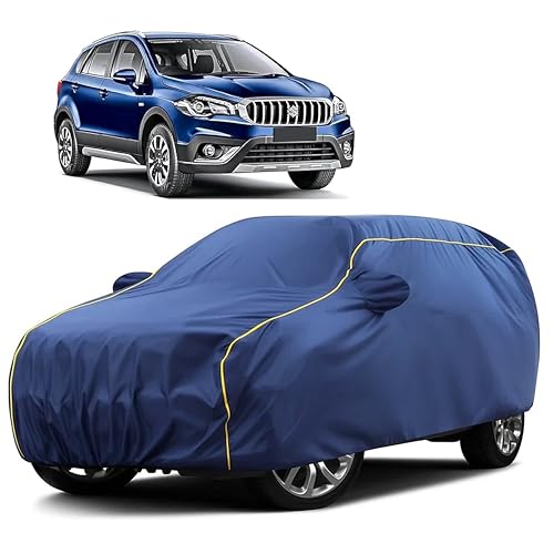 Image of Sulfar 100% Water Resistant Car Body Cover Compatible with Mirror for Maruti Suzuki SCross (Triple Stitched, Full Bottom Elastic, Blue Taffeta with Yellow Piping)