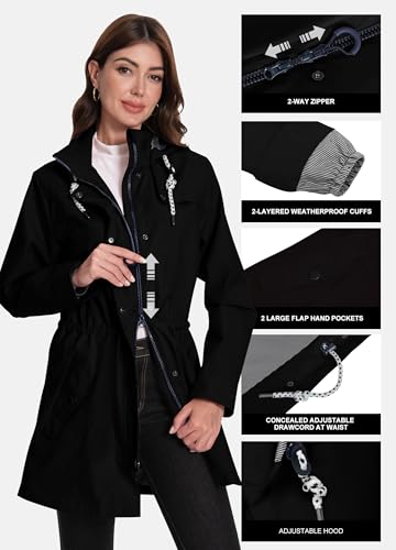 ATLASLAVA Regenjacke Damen Lang Wasserdicht Kapuze Regenmantel übergangsjacke Trenchcoat Outdoor Mantel Schwarz M