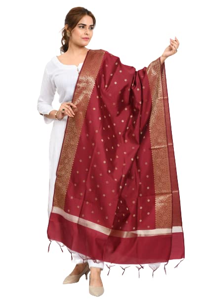 Women's Wine (Dark Maroon) & Gold Toned Woven Design Banarasi Silk Dupatta, Pack of 1, MFD0181-image-42