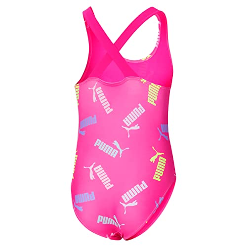 Image of PUMA Girls Sizes 7-16 All Over Print Logo Crossback One Piece Swim Bathing Suit (Ravish Pink, Medium)