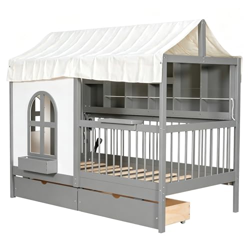 Image of Twin Size House Bed with 2 Large Drawers, Side Bookshelf with LED Strip, Cozy Reading Nook & Playhouse for Boys & Girls (Gray-TT)