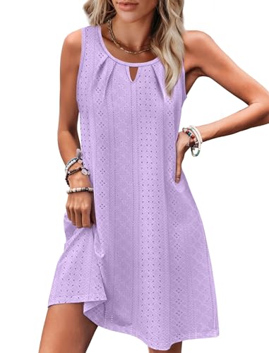 Image of RUMIA Swimsuit Coverup for Women Summer Sleeveless Beach Dress | Crew Neck, Pockets, Eyelet, Boho, Above knee Length, A-Line. Everyday wear, Sundresses, Cruise Wear, Vacation essential