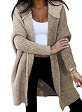 Astylish Women Long Sleeve Open Front Knit Cardigan Hoodie Outwear Color Block Sweater Deep Khaki Small