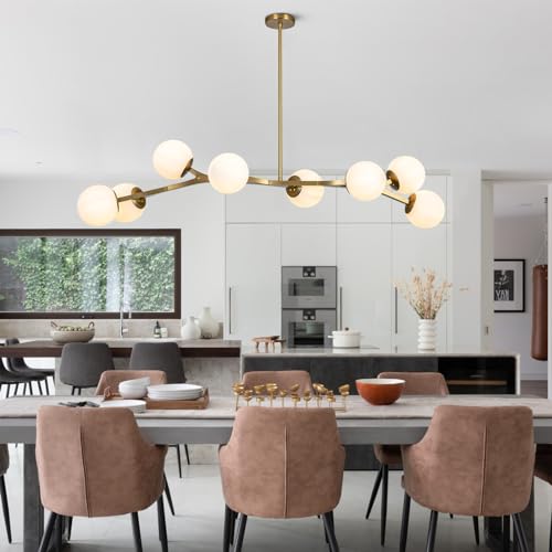 Lingkai 56" Large Brass Gold Modern Linear Chandeliers for Dining Room, Mid Century Modern Chandelier Pendant Light, 8-Light Globe Chandelier for Living Room Kitchen Lingkai 56" Large Brass Gold Modern Linear Chandeliers for Dining Room, Mid Century Modern Chandelier Pendant Light, 8-Light Globe Chandelier for Living Room Kitchen