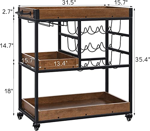 4 Ever Winner Bar Cart For Home With Wine Rack, Industrial Beverage Cart With Wheels, Serving Carts For Home 3 Tier Storage Trolley With Glasses Holder, Rustic Brown #TOP2