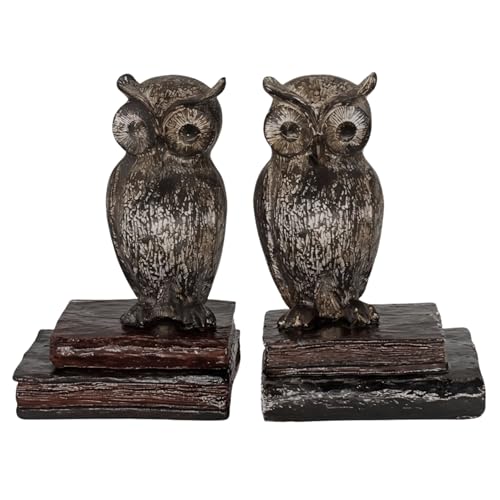 Bellaa 21725 Decorative Owl Bookends - Rustic Farmhouse Book Ends for Shelves, Non-Skid Wide Eyed Bird Design, Vintage Boho Home Office Library Decor