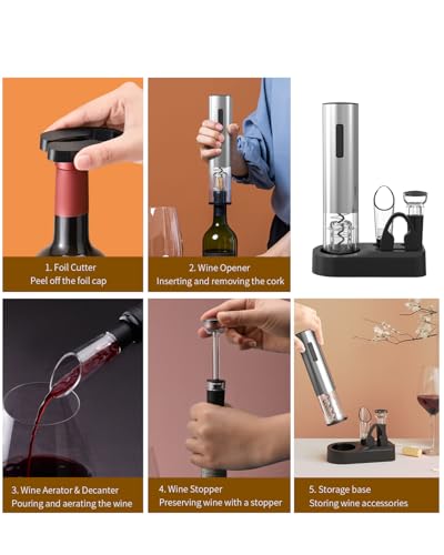 Image of CIRCLE JOY 5-in-1 Electric Wine Opener Set Rechargeable Stainless Steel Automatic Corkscrew Wine Bottle Opener Set with Foil Cutter, Wine Aerator Pourer, Vacuum Wine Stopper and Storage Base, Silver