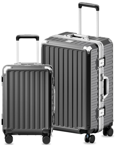 Image of Luggage Sets with Spinner Wheels, 8010S Aluminum Frame Zipperless Polycarbonate Hard Shell Suitcase Sets (ZX-Core, Charcoal Metallic, 2 Piece (20 /28))