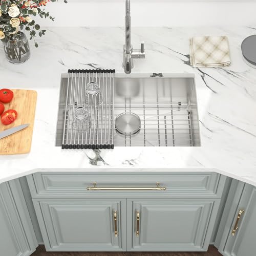 Kichae 27 Inch Undermount Kitchen Sink 27 x18 Inch Kitchen Sink Stainless Steel 16 Gauge Deep Single Bowl Round Corner Handmade Basin by Kichae - Image 2