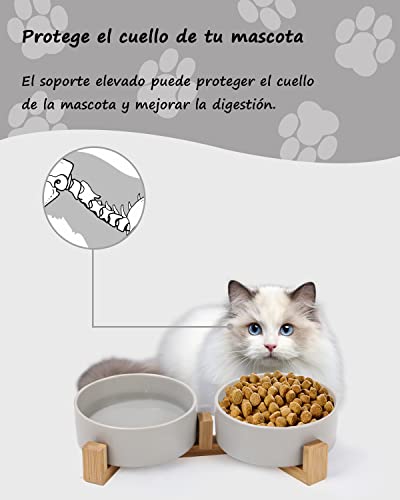 JOFLVA Futternapf Hund Keramik Futternapf Katze Doppelt Futternapf für Hunde und Katze mit Bambus Ständer und Rutschfester Unterlage (400ml, 2-Grau)