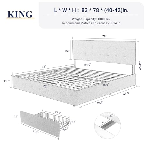 image for Allewie Upholstered King Size Platform Bed Frame with 4 Storage Drawer