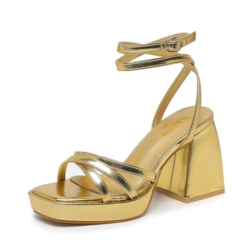 Amoji Women's 4 Inch Platform Chunky Heel Strappy Ankle Strap Block Heeled Sandals 305