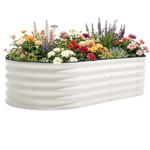 OBENSKY 6x3x1.5ft Galvanized Raised Garden Bed Outdoor, 18'' Oval Large Metal Planter Garden Boxes for Gardening, Planting Deep Root Vegetables, Herbs, Fruits, Flower, Rustproof, Rubber Strip, White