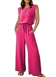 Dokotoo Women's Jumpsuits, Rompers & Overalls Crewneck Cap Sleeve Drawstring High Waist Side Pockets Elegant Lace Dressy Casual Wide Leg Jumpsuits Rose Red Large