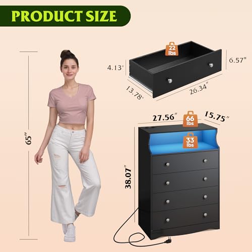 WLIVE Black LED Dresser for Bedroom, Tall Wood Dresser with 4 Drawers and Open Shelf, Chest of Drawers with Charging Station and LED Lights for Living Room, Hallway, Closet