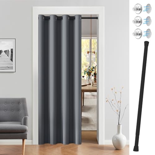 Vatge Magnetic Closet Curtain with Rod - W42 x L80 1 Panel Gray Room Darkening Privacy Doorway Curtains for Open Bedroom Temporary Door for Hallway