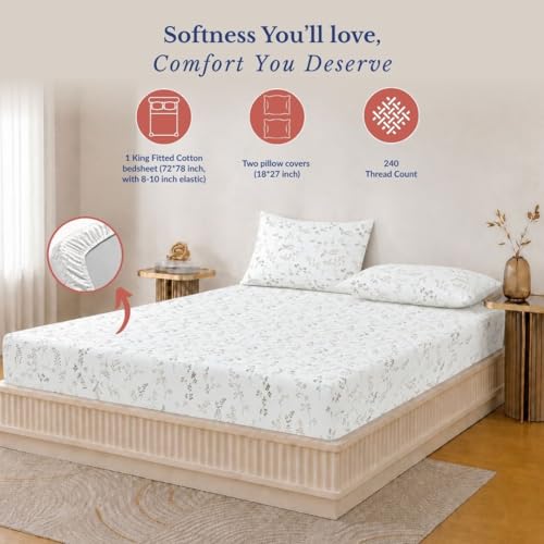 Image of Jaipur Weaves King Size Elastic Fitted Bedsheet, 100% Pure Cotton King Size Fitted Bedsheet for Double Bed with 2 Pillow Covers, 240 TC, 72x78 Inches up to 8-inch Mattress, Floral(Spring Tulips Brown)
